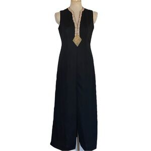 70s True Vintage Long Black Formal Column Dress With Gold Accent Detailing 2-4 S